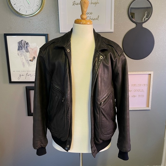 Chevignon Paris Vintage Black Thick Leather Bomber Aviator Coat - Picture 3 of 17